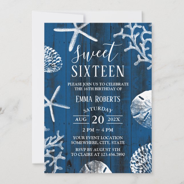 Sweet 16 Party Rustic Navy Blue Beach Starfish Invitation (Front)