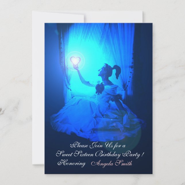 SWEET 16  PARTY,SAPPHIRE BLUE ,BLACK DAMASK INVITATION (Front)