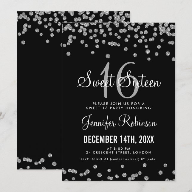 Sweet 16 Party Silver & Black Glitter Confetti Invitation (Front/Back)