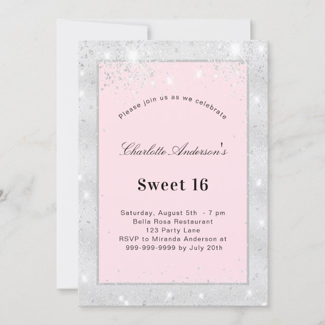 Sweet 16 party silver blush pink glitter invitation (Front)