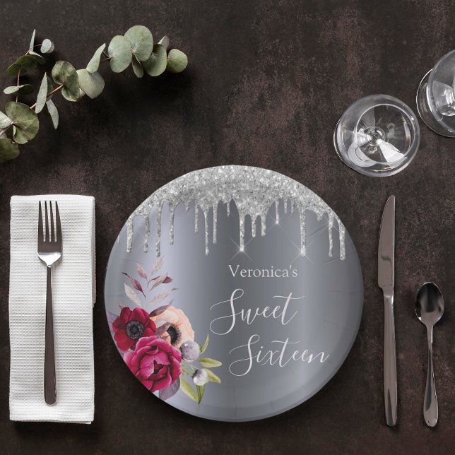 Sweet 16 party silver floral burgundy paper plate (Creator Uploaded)