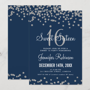 Sweet 16 Party Silver & Navy Glitter Confetti Invitation