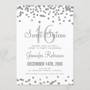 Sweet 16 Party Silver & White Glitter Confetti Invitation