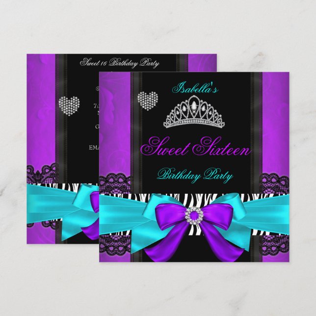 Sweet 16 Party Sweet Sixteen Purple Teal Zebra Invitation (Front/Back)