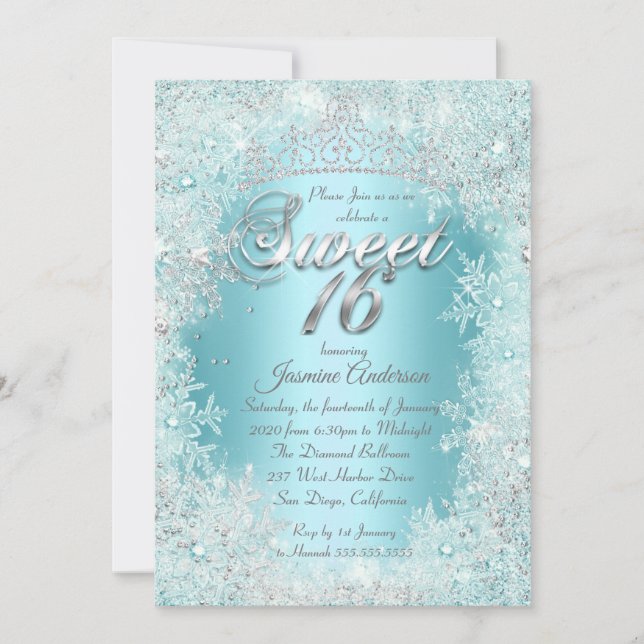 Sweet 16 Party Teal blue Silver Winter Wonderland Invitation (Front)