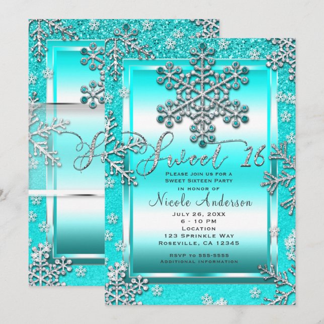 SWEET 16 Party Teal Glitter Glam Winter Snowflakes Invitation (Front/Back)
