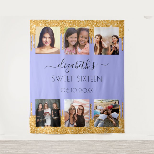 Sweet 16 party violet gold glitter photo collage tapestry (Front)