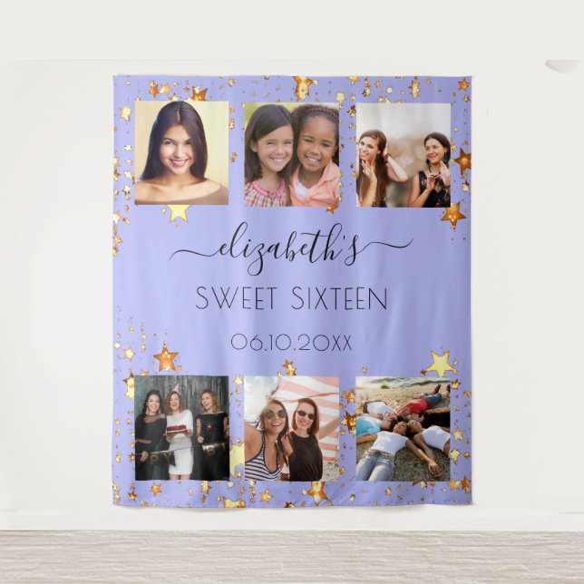 Sweet 16 party violet gold photo collage tapestry (Front)