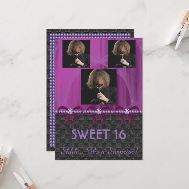 Sweet 16 Party Violet Silk & Pearls & photos Invitation (Front/Back In Situ)