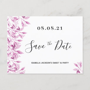 Sweet 16 party white pink florals save the date postcard