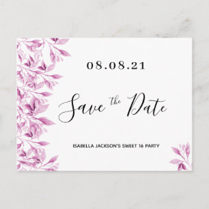 Sweet 16 party white pink florals save the date postcard