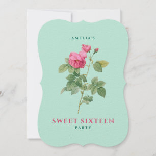 Sweet 16 Pastel Pink and Green Vintage Rose Floral Invitation