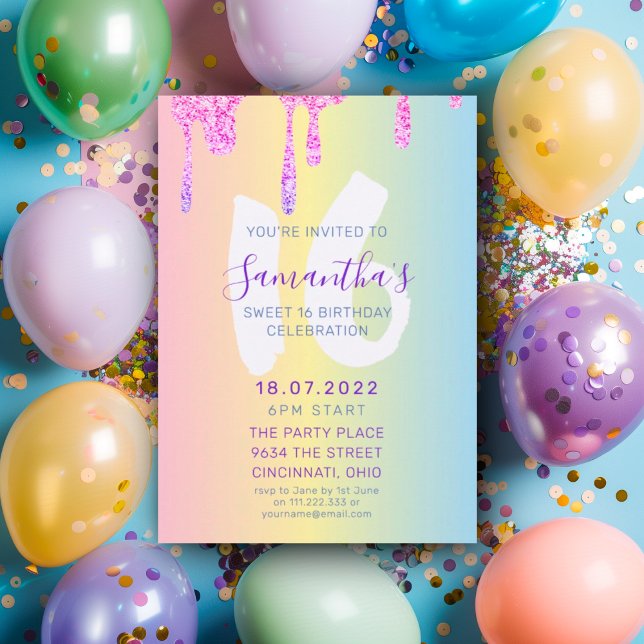 Sweet 16 Pastel shades & Glitter Birthday Invitation (Creator Uploaded)