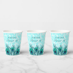 Sweet 16 Peacock Feathers Blue Teal Glitter Paper Cups