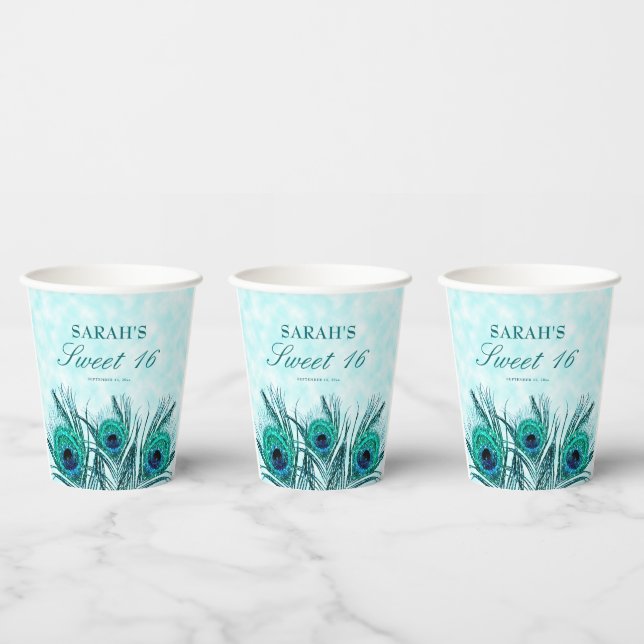 Sweet 16 Peacock Feathers Blue Teal Glitter  Paper Cups (Multi)