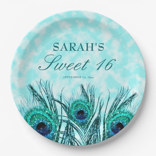 Sweet 16 Peacock Feathers Blue Teal Glitter  Paper Plate (Front)