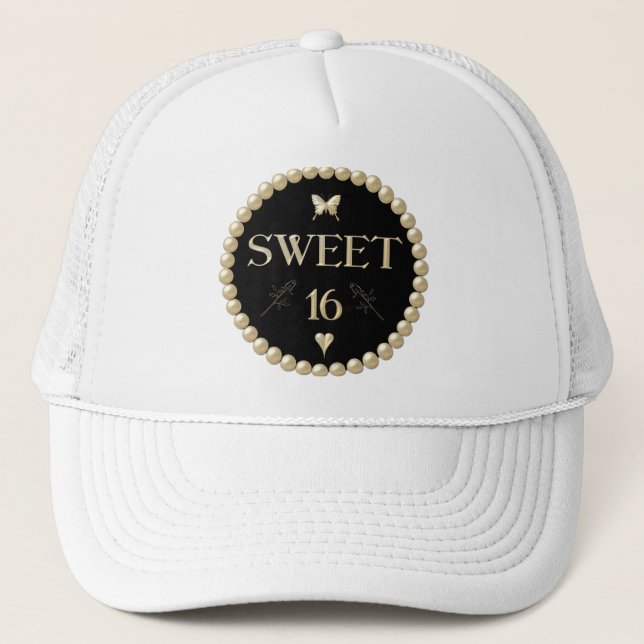 Sweet 16 - Pearls on black "velvet" Trucker Hat (Front)