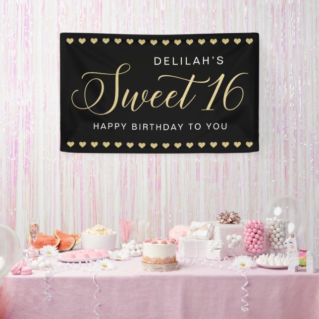 Sweet 16 Personalised Black Gold Happy Birthday Banner (Party)