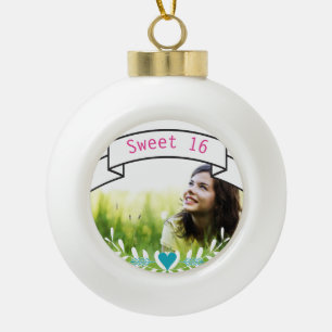 Sweet 16 Personalised Photo Typography Banner Ceramic Ball Christmas Ornament