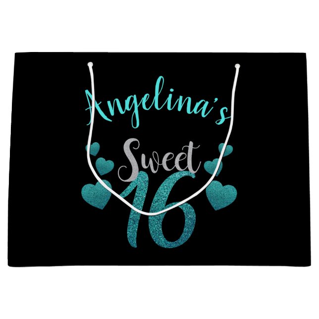 Sweet 16 Personalised Turquoise Glitter Script Large Gift Bag (Front)