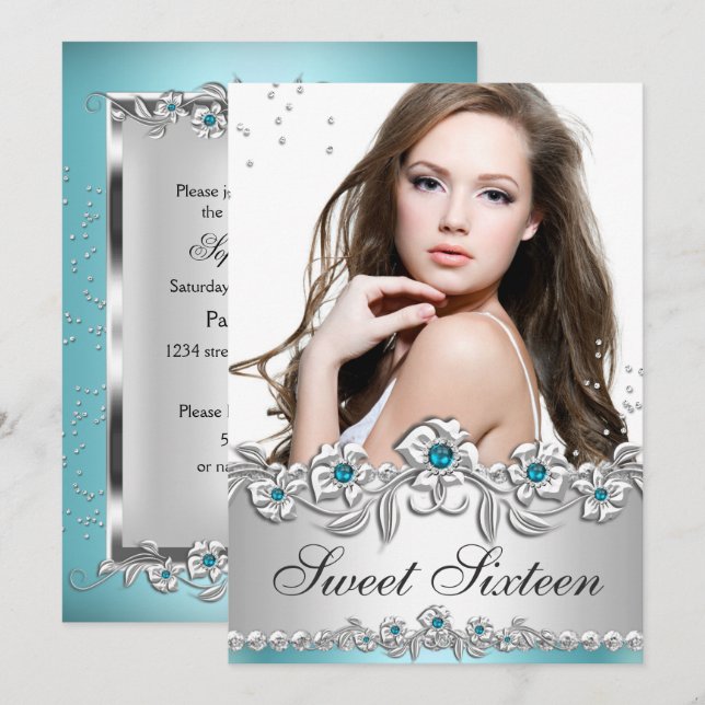 Sweet 16 Photo Blue Silver Diamond Jewel Party Invitation (Front/Back)