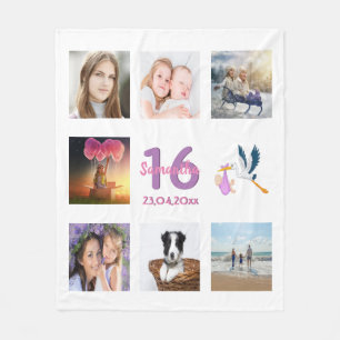 Sweet 16 photo collage girl white fleece blanket
