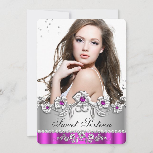 Sweet 16 Photo Hot Pink Silver Diamond Jewel Party Invitation (Front)