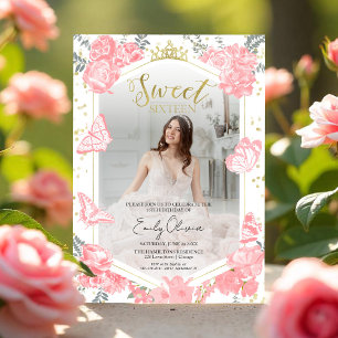 Sweet 16 Photo Invitation Butterfly Pink Floral