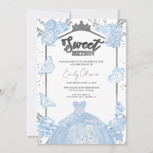 Sweet 16 Photo Invitation Dusty Blue Butterfly  (Front)