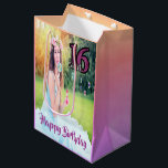 Sweet 16 photo purple girl medium gift bag<br><div class="desc">A giftbag for a sixteen old girl,  with the text "Sweet 16"  and the text Happy Birthday in purple. A violet,  pink and peach colored pastel backdrop. Template for your photo of the birthday girl.</div>