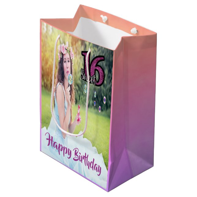 Sweet 16 photo purple girl medium gift bag (Front Angled)