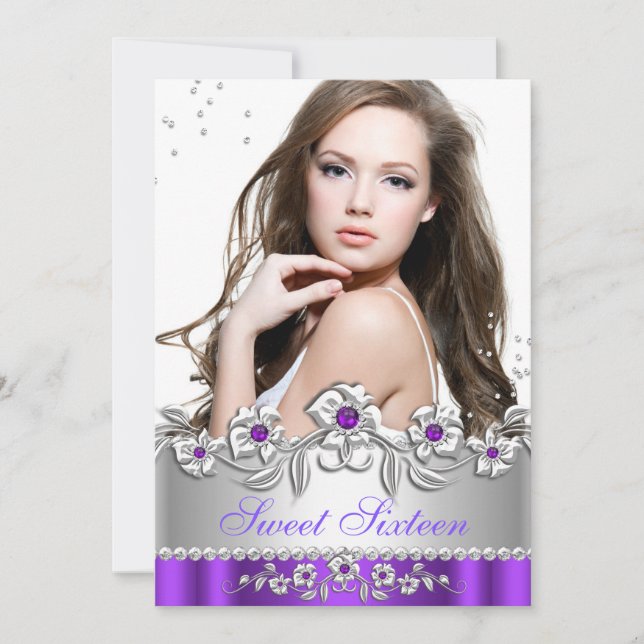 Sweet 16 Photo Purple Silver Floral Jewel Party Invitation (Front)