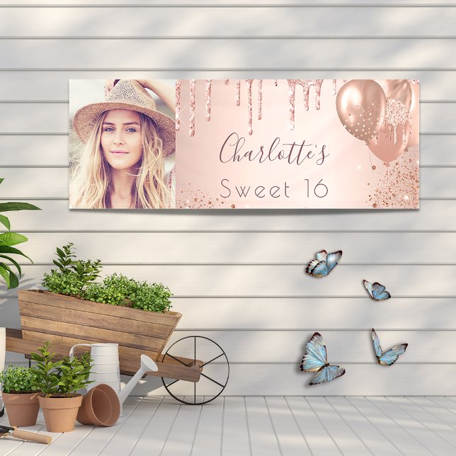 Sweet 16 photo rose gold drips balloons welcome  banner (Creator Uploaded)