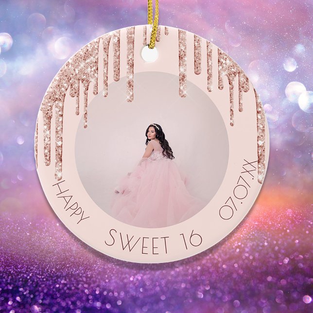 Sweet 16 photo rose gold glitter ceramic tree decoration (Creator Uploaded)