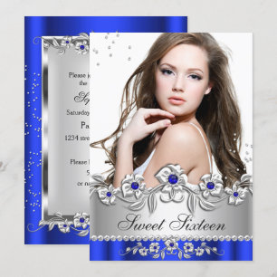 Sweet 16 Photo Royal Blue Silver Diamond Jewel Invitation