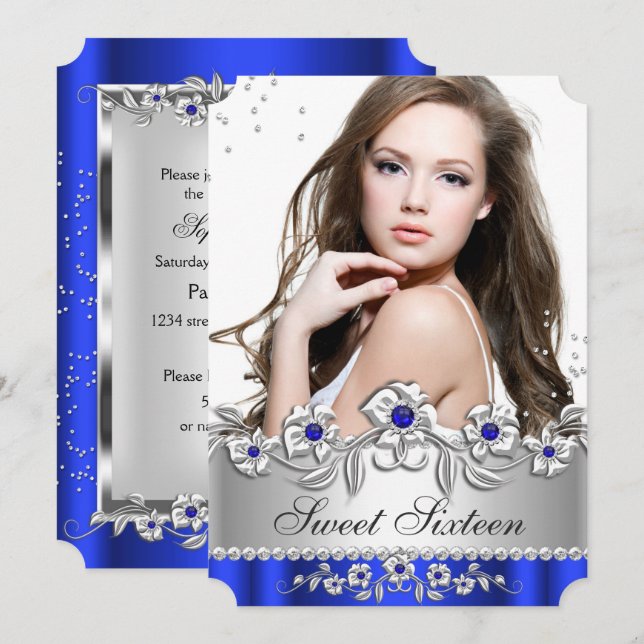 Sweet 16 Photo Royal Blue Silver Diamond Jewel Invitation (Front/Back)