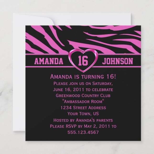 Sweet 16 Pink and Black Zebra Print Pink Heart Invitation (Front)