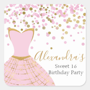 Sweet 16 Pink and Gold Foil Dress Square Sticker
