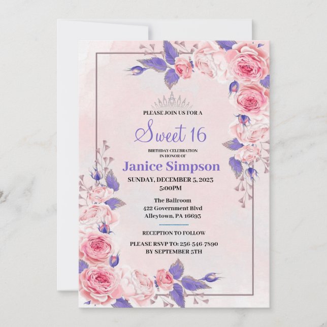 Sweet 16 pink and purple roses invitation (Front)