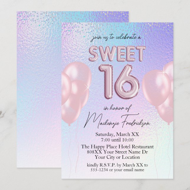 Sweet 16 Pink Balloons on Holographic Gradient Invitation (Front/Back)