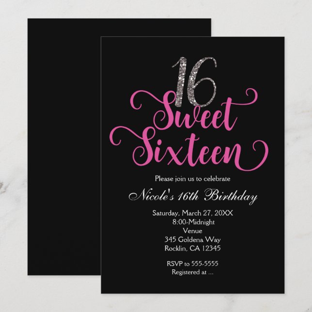 Sweet 16 Pink & Black Birthday Party Invitations (Front/Back)