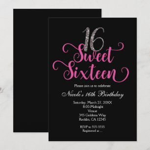 Sweet 16 Pink & Black Birthday Party Invitations