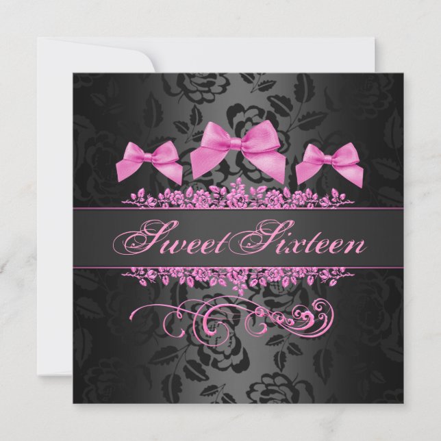 Sweet 16 Pink & Black Bow Birthday Invitation (Front)