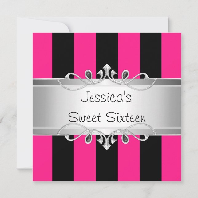 Sweet 16 Pink Black Stripes Silver Jewel Party Invitation (Front)