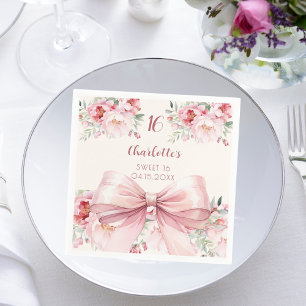 Sweet 16 pink bow cream florals roses napkin