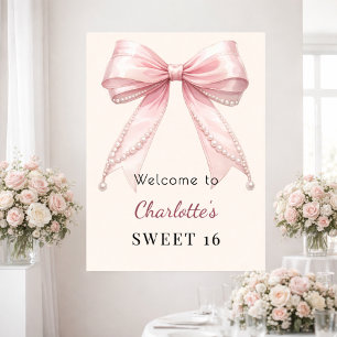 Sweet 16 pink bow cream ivory pearls welcome poster