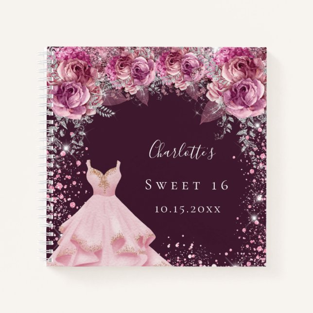 Sweet 16 pink bugundy floral dress guest book (Front)