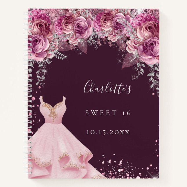 Sweet 16 pink bugundy floral dress guest book (Front)
