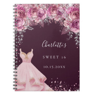 Sweet 16 pink bugundy floral dress guest book