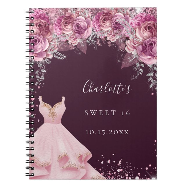 Sweet 16 pink bugundy floral dress guest book (Front)